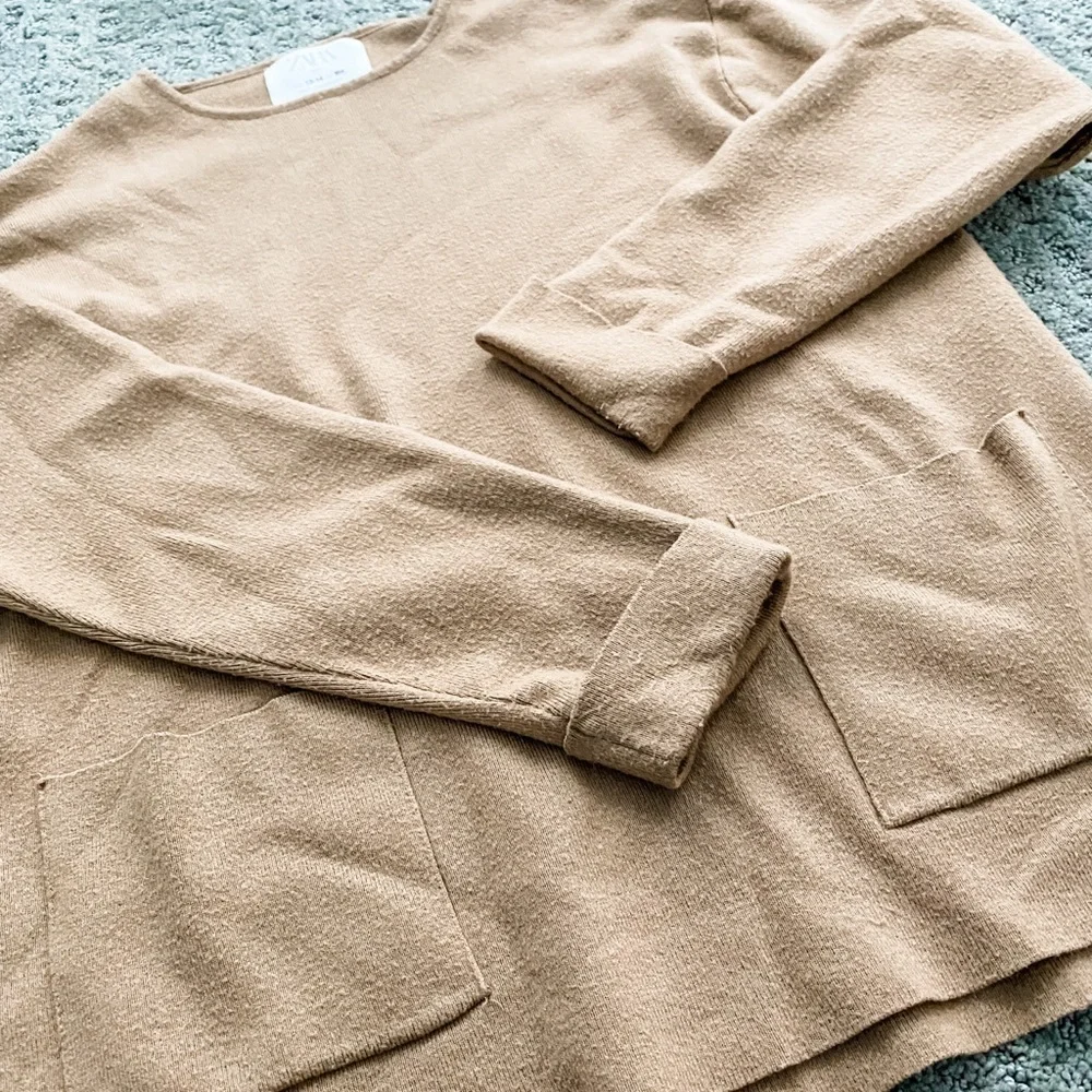 Zara Kids Girls Knit Long Sleeve Pocket Front Sweater Camel Tan Brown Size 13-14